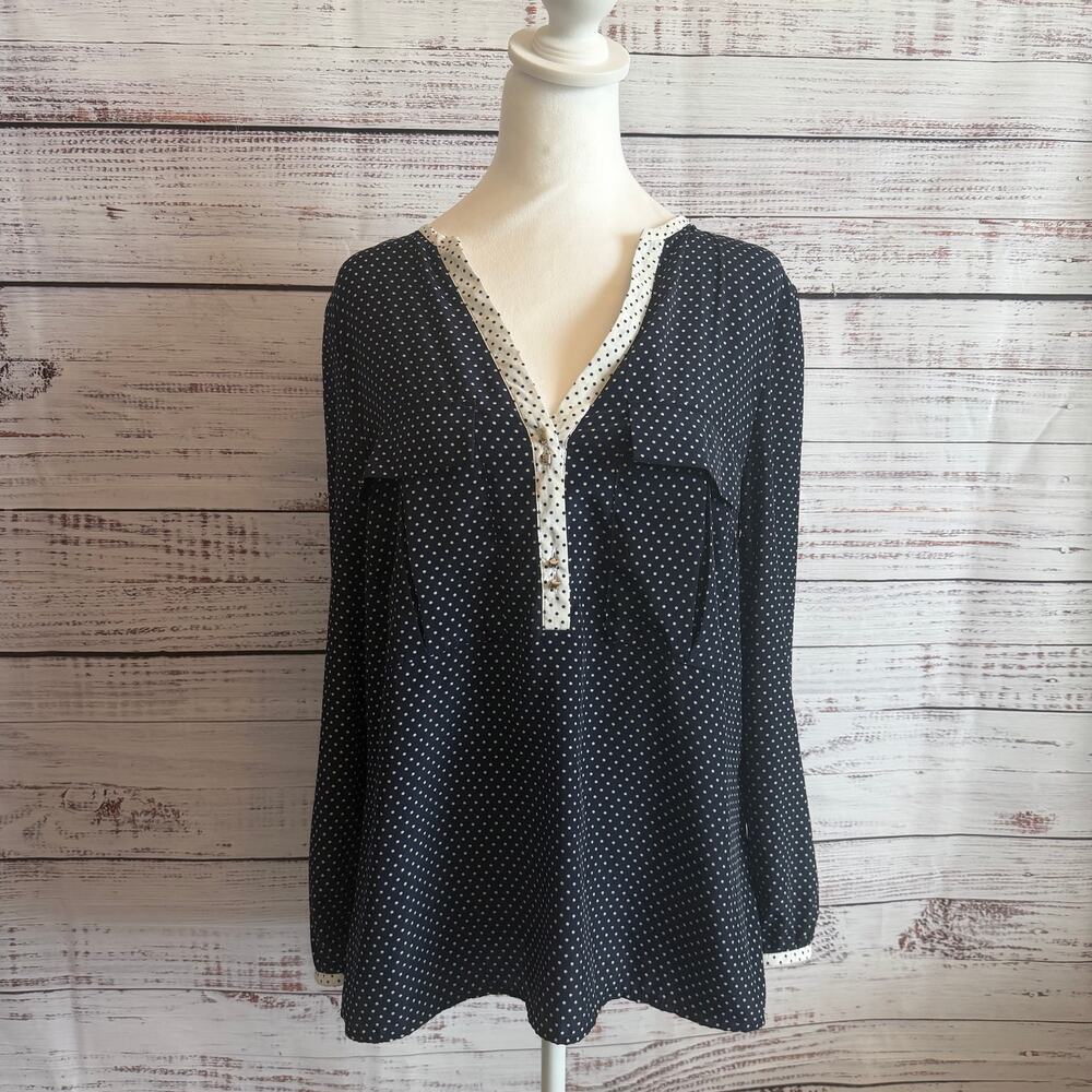 Zara Basic Long Sleeve Polka Dot Popover Blouse Navy White Medium